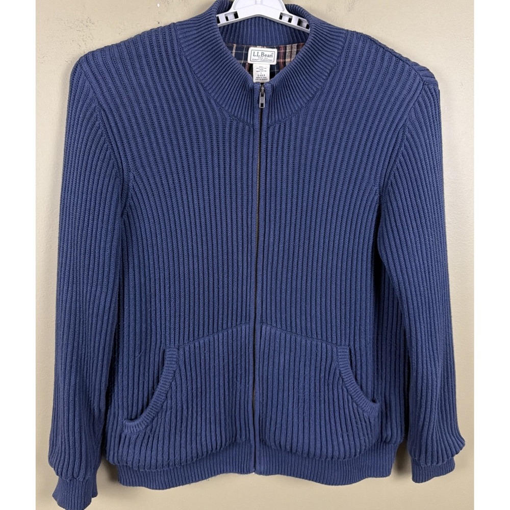 L.L. Bean Men's Size L Full Zip Ribbed Knit Cardigan Sweater Flannel Lined Blue